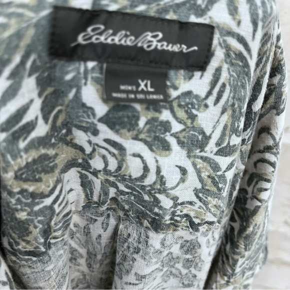 Eddie Bauer Green Leaf Print Linen Blend Button Short Sleeve Shirt - Picture 6 of 9